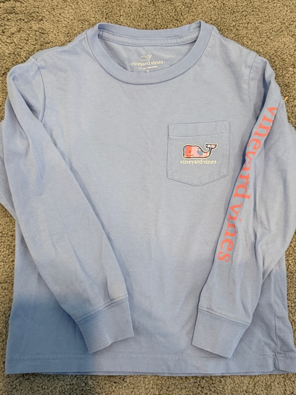Vineyard Vines Kids Light Blue Long Sleeve Pocket Tee with Pink Sleeve Logo